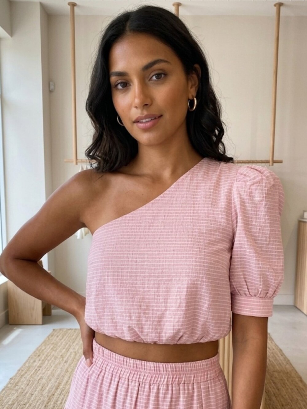NWT En Saison Pink White Striped One Shoulder Puff Sleeve Bubble Top S